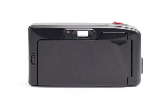 Black compact point-and-shoot film camera shown from the back on a white background, highlighting the closed film door and viewfinder.