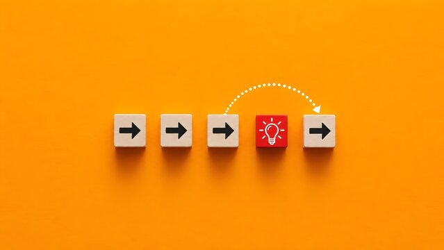 Wooden blocks with arrows skipping a red lightbulb block illustrating process shortcuts and bypassing creative hurdles