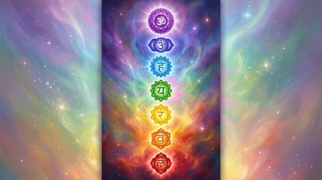 Chakra system visualized with colorful cosmic energy for spiritual healing and meditation practice on nebula background.