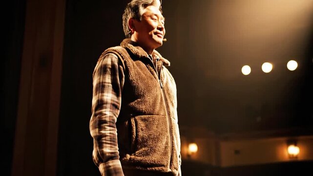 Person in brown boots standing on stage before audience