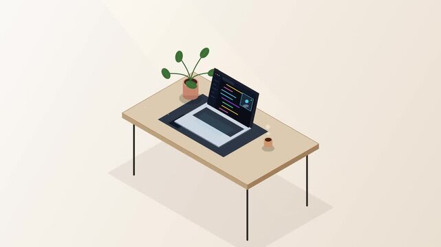 Isometric Laptop Workstation with Coding Environment