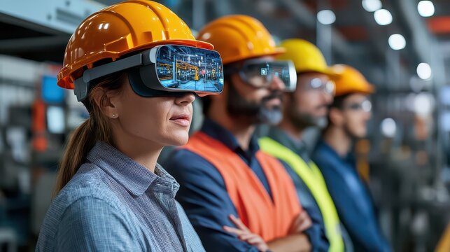 Female Workers Wearing Hard Hats and Virtual Reality Headsets in Industrial Setting