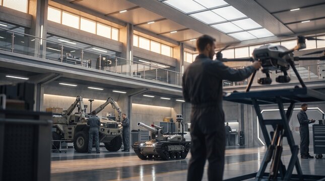 Engineers Working on Defense Robots and Drones in Modern Hangar