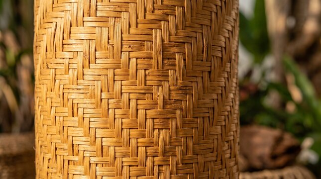 Curved cane webbing on a handcrafted rattan chair