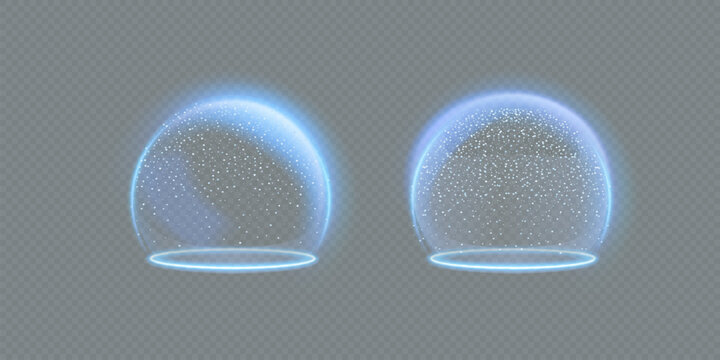 Two glowing blue domes, resembling energy spheres, are depicted against a transparent background. Inside each sphere are scattered small white particles, reminiscent of snowflakes.