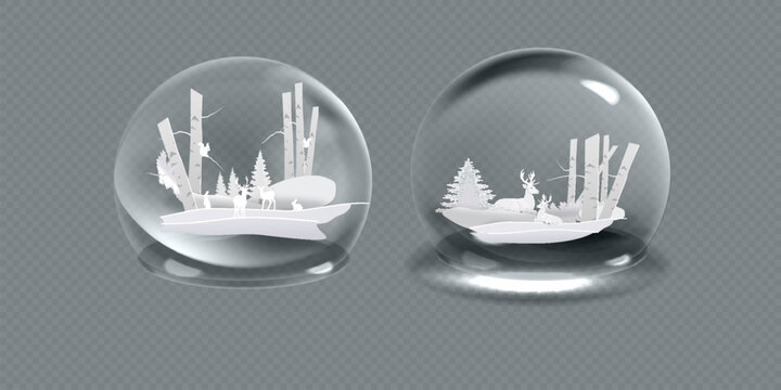 The ball features a white silhouette of a winter forest with a deer, spruce trees, and slender birch trunks. The background is transparent, suitable for digital design, holiday cards, banners, and dec