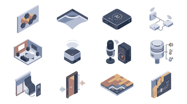 Isometric illustrations of smart home technology and devices for modern living.