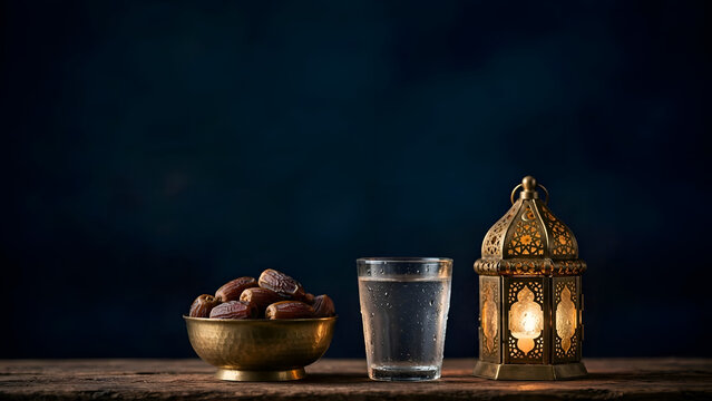 Ramadan Kareem Still Life with Dates, Water and Traditional Lantern