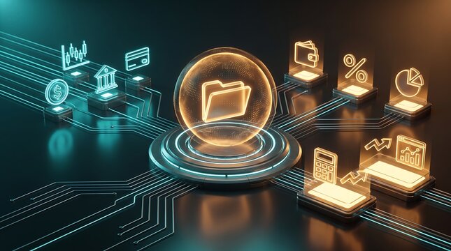 Digital file folder icon glowing at the center of a data processing network surrounded by financial and banking service symbols in isometric 3D style