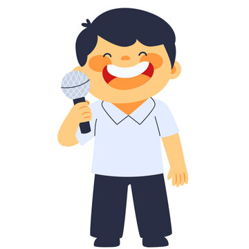 Happy boy singer with microphone vector illustration isolated for music performance element.