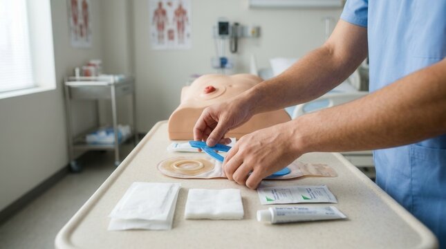 Medical Professional Demonstrating Ostomy Care Supplies and Stoma Model in Clinical Setting