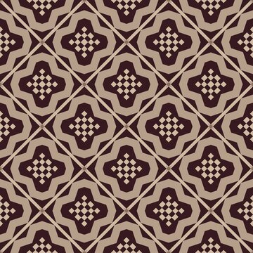 Geometric pattern with interlocking hexagons and star shapes. Dark brown and beige tones form a repeating design. Symmetrical layout creates a vintage, decorative effect. Perfect for textiles