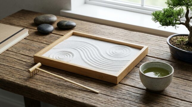 Zen Garden Desk Setup with Bonsai Tree and Tea