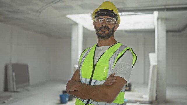 Man engineer in yellow hardhat and reflective vest, arms crossed inside building; confidence expertise.