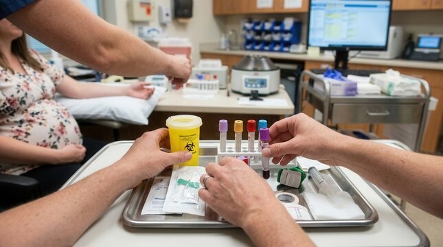 Medical professional performs blood draw on pregnant woman in clinic lab, with vials and equipment nearby