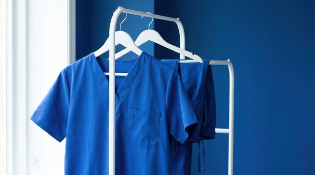 Blue medical scrubs hanging on white clothes rack against vibrant deep blue wall background interior.