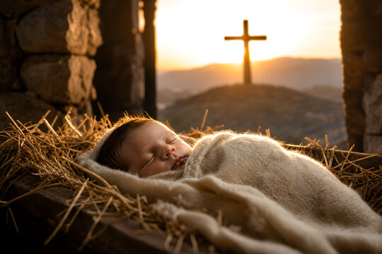 Newborn baby sleeps in a hay manger at sunrise with a cross silhouette, capturing the sacred birth of Jesus