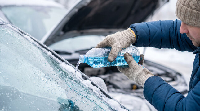 Man pouring blue windshield washer fluid from a plastic bottle onto a frozen car windshield on a cold winter day