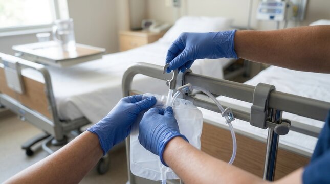 Medical professional in blue gloves attending to a patient's urine catheter bag in a hospital room.