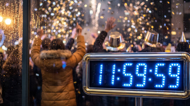 Crowd celebrating new years eve with a digital countdown clock showing one second until midnight