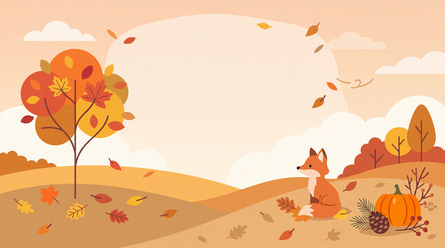 autumn leaves background with fox and pumpkin
