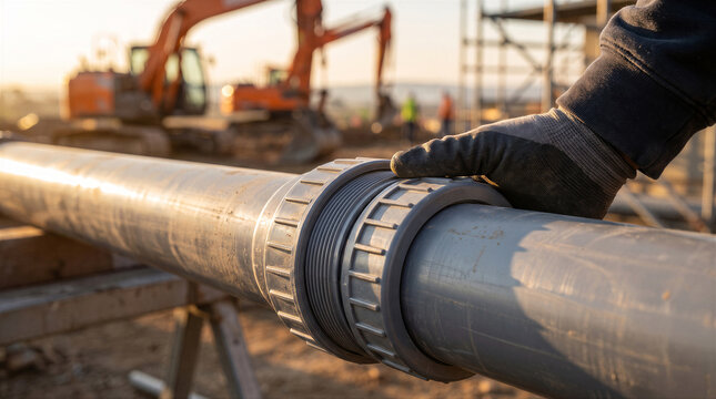 Worker assembling large plastic pipe at a construction site with heavy machinery in the background during sunset