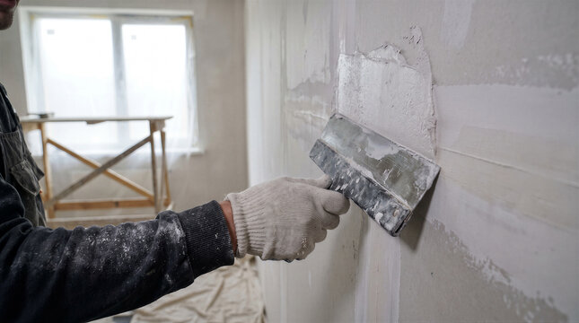 Construction worker applying plaster to a drywall seam with a metal spatula during home renovation work