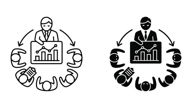 Business presentation and team meeting round table icons with presentation