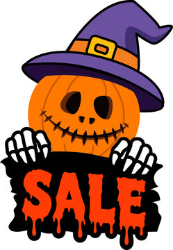 Halloween Pumpkin SALE Sign, Spooky Jack O Lantern Shopping Promotion Vector Illustration