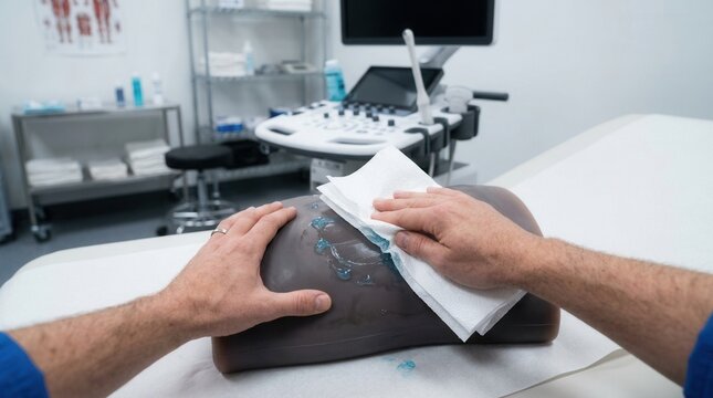 Medical training: Hands cleaning ultrasound gel from medical dummy in clinic, ultrasound machine and equipment in background