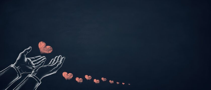 Creative depiction of hands letting go of hearts representing love and kindness against a chalkboard backdrop