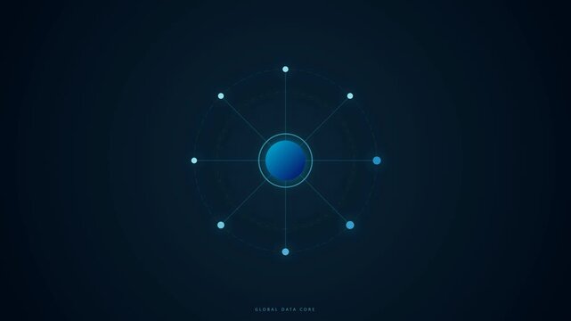 Digital network connection with glowing blue orb and orbiting nodes