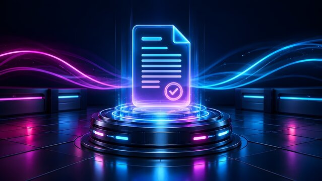 Glowing digital document with verification checkmark on high tech pedestal representing approved smart contracts and secure electronic certification