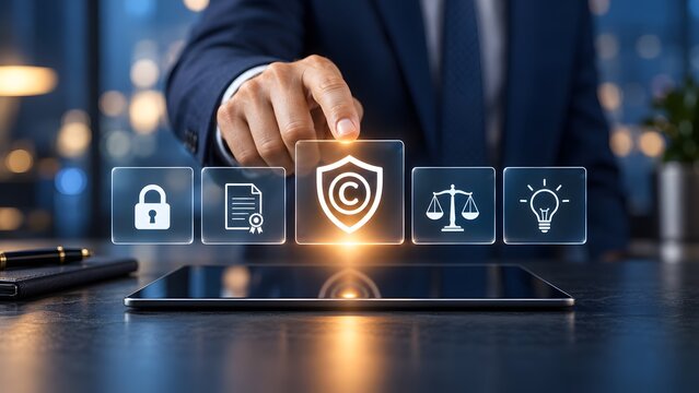 Corporate executive touching digital copyright shield interface to secure intellectual property rights and legal business patents