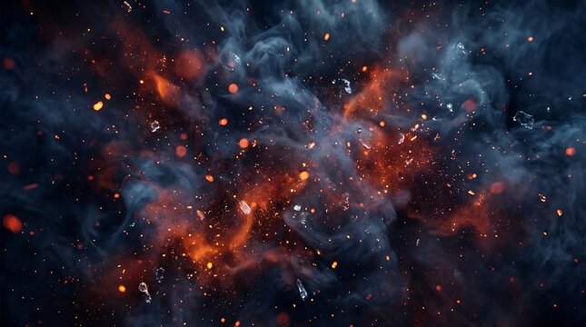 Abstract explosion of fire sparks and dark smoke