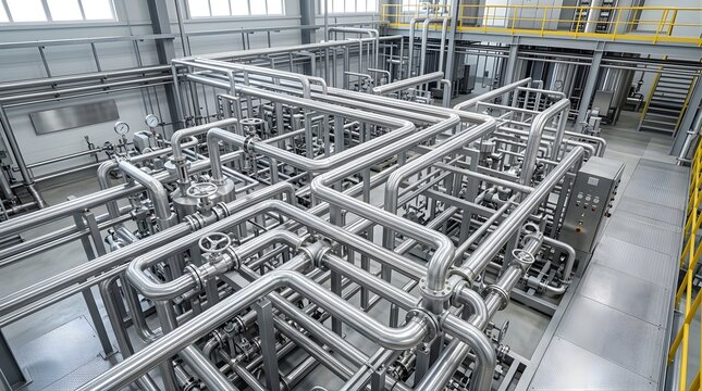 Industrial metal pipeline system in a modern chemical manufacturing plant