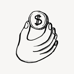 Fototapeta na wymiar Hand holding coin, consumerism doodle