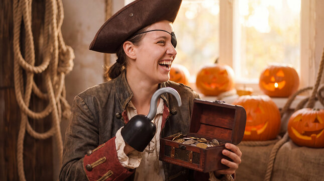 A person in a pirate costume laughs at a festive Halloween holiday party, adding fun spooky autumn October celebration energy for seasonal marketing.