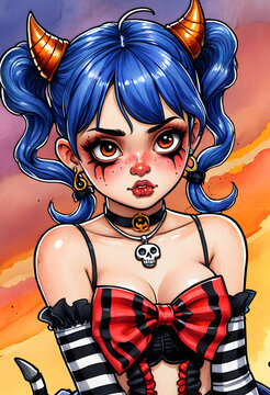 D&uuml;steres Fantasy Portr&auml;t einer blauhaarigen Gothic Figur mit H&ouml;rnern und Totenkopf Halskette