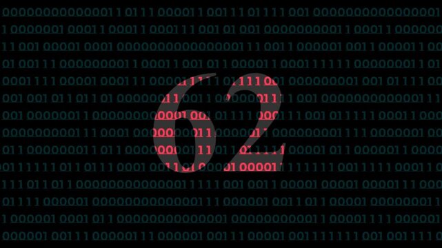 Digital countdown timer with red number 62 overlaid on scrolling binary code background, for technology and, cyber security concepts