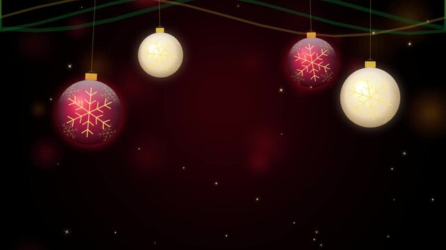 Shiny red and white christmas baubles hanging with gold snowflake patterns on a dark magical background with glowing lights and sparkles for a festive holiday season 4k Motion Video