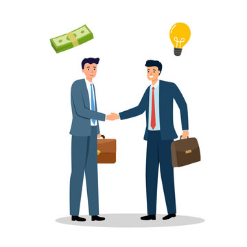 Concept of investment in the business. Two businessmen shake hands, signing an agreement. Vector illustration