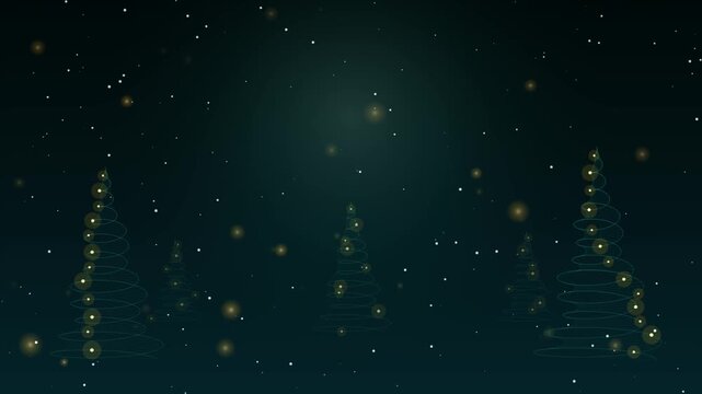 Abstract stylized christmas trees with glowing lights on a dark green background for a magical holiday winter night atmosphere with sparkles and floating bokeh particles 4k Motion Video