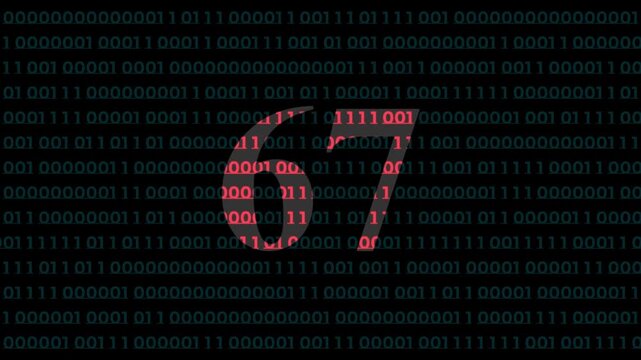 Digital countdown timer 67 seconds with red binary code background, for tech presentations, and cyber security concepts