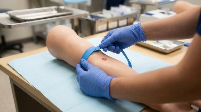 Medical student practicing venipuncture on a training mannequin leg, focusing on vein access techniques and safety.