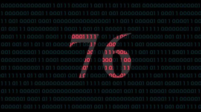 Digital countdown timer number 76 with animated binary code background, for technology and, cyber security concepts