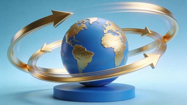 3D globe with circular arrows symbolizing global connection and movement