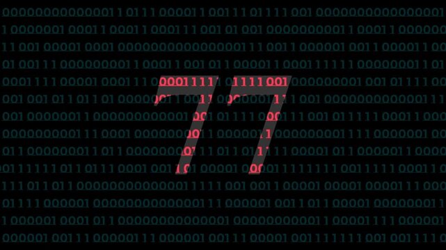 Digital number 77 glowing red on binary code background, cyber security and data processing concept