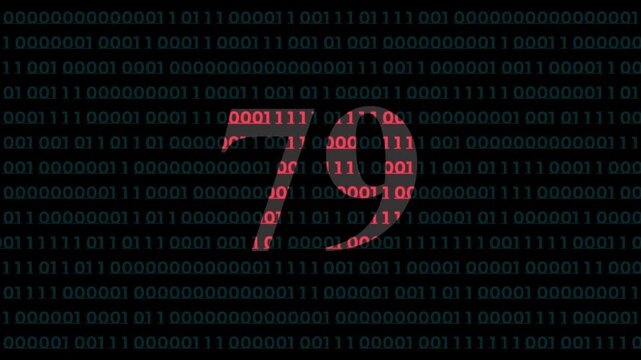 Digital countdown number 79 on binary code background, high-tech data stream motion seventy-nine