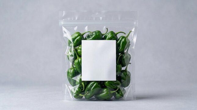 Fresh green organic peppers inside transparent plastic stand up pouch with blank white label mockup on grey background.